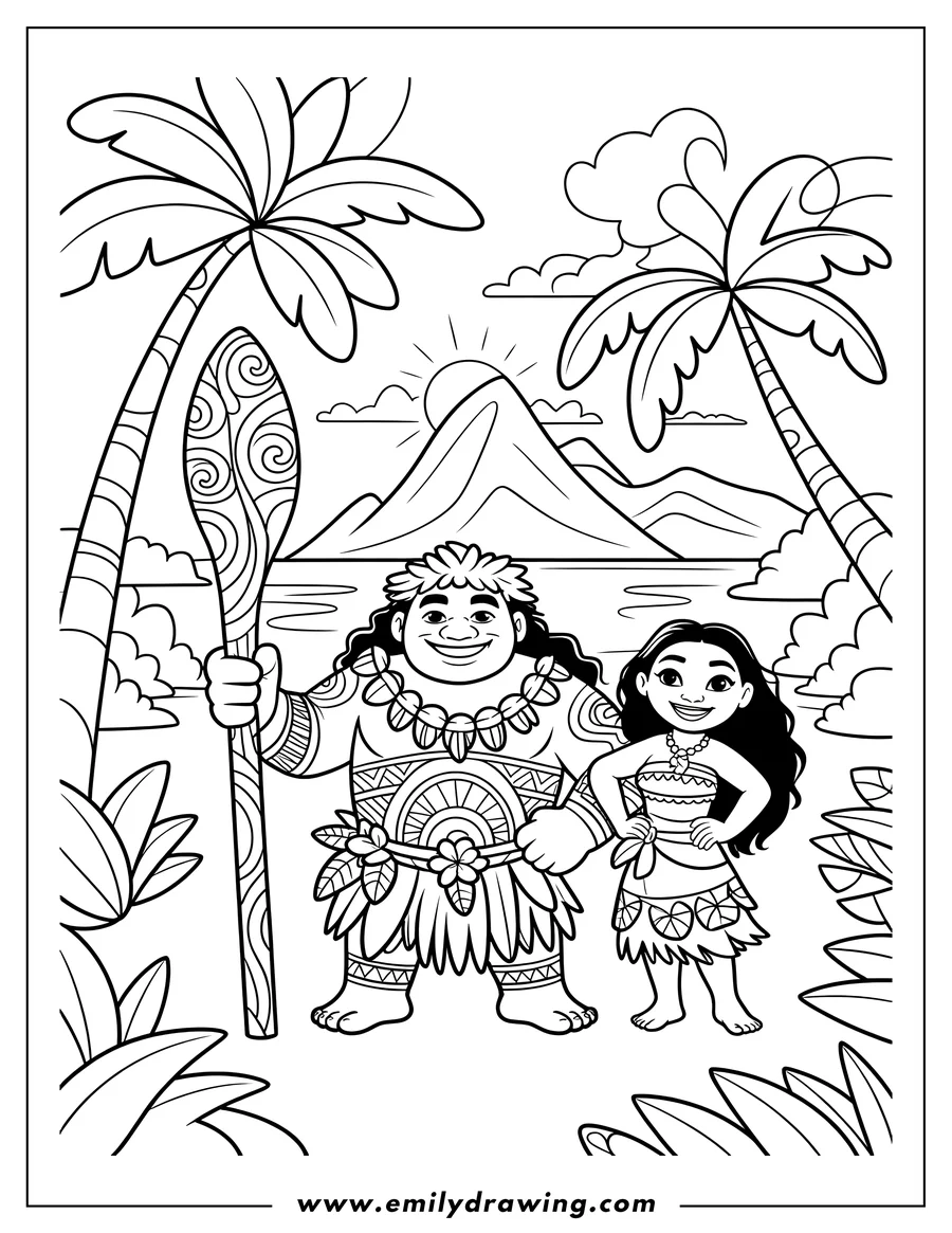 Line art of Moana and Maui standing together on a tropical island. Maui holds a large, patterned oar, and both characters are smiling in front of a distant volcano rising from the sea, framed by palm trees.