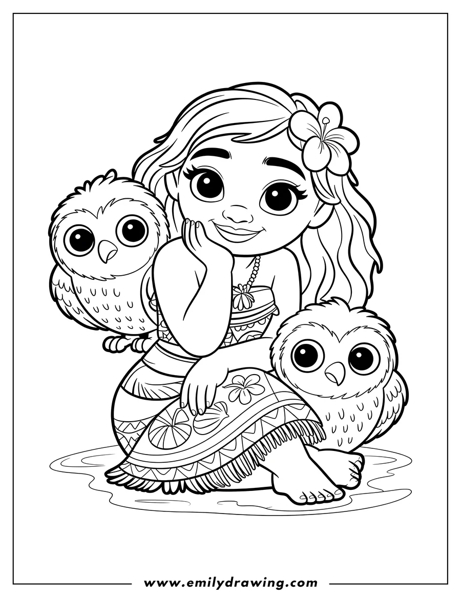 Line art of the character Moana sitting with two large, stylized owls flanking her. She is resting her chin on her hand and wearing a patterned island dress with a flower in her hair.