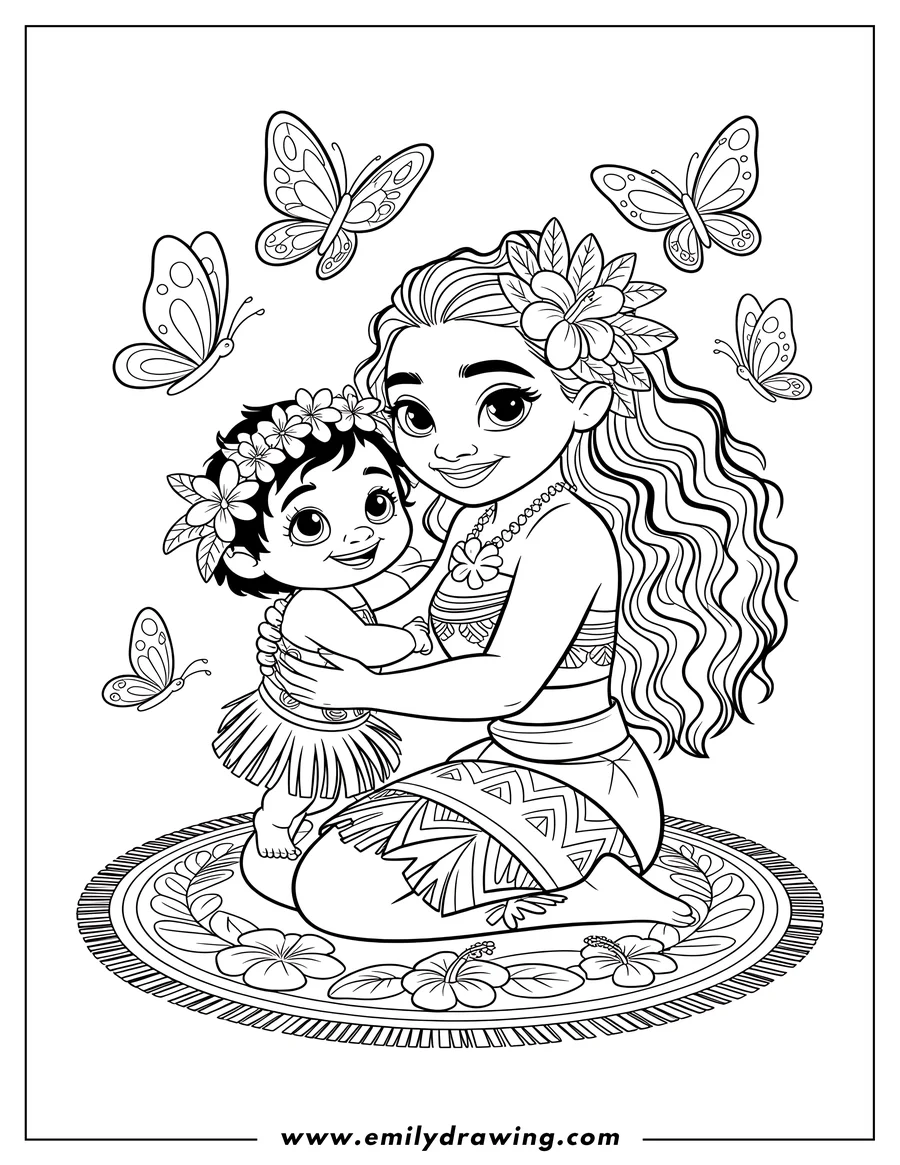 Outline of Moana kneeling and embracing a happy baby or toddler. They are sitting on a decorative circular mat and surrounded by five flying butterflies.