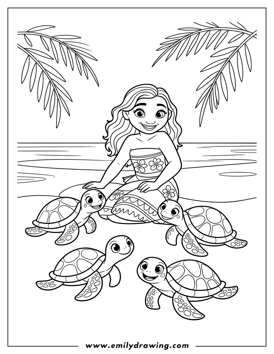 Line art featuring Moana sitting on the tropical shore surrounded by four smiling baby sea turtles.