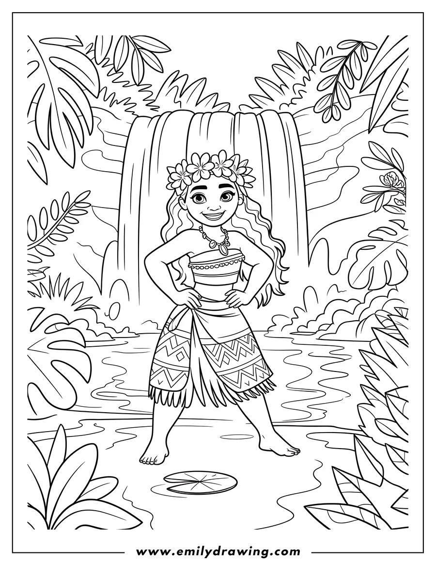 Line art featuring Moana standing confidently in a tropical setting with her hands on her hips, framed by large jungle leaves and a tall waterfall behind her.