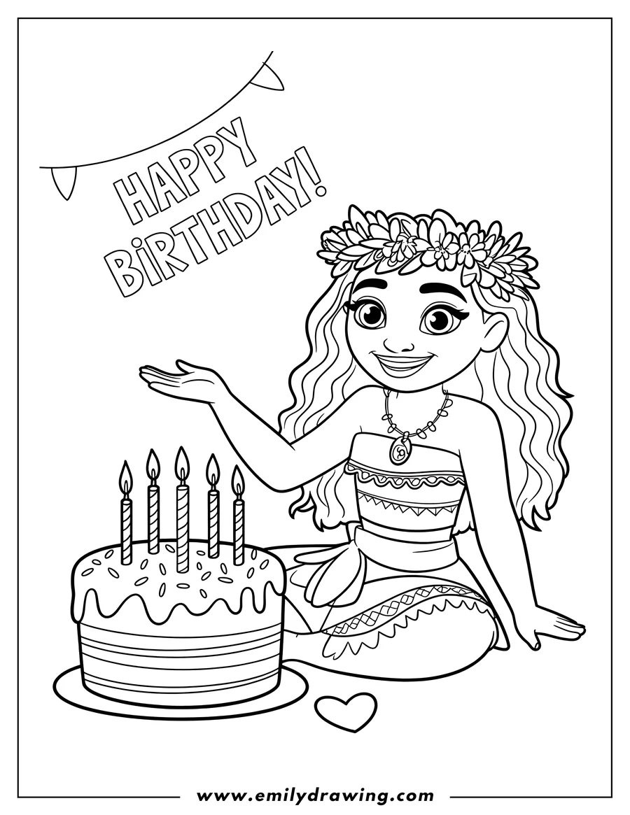 Line art featuring Moana sitting next to a birthday cake topped with five lit candles, celebrating a birthday under a banner reading 
