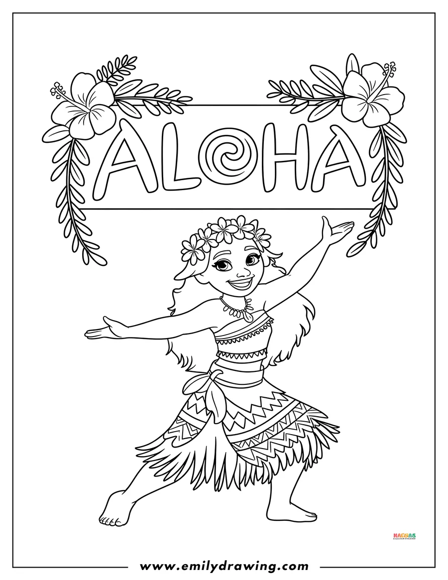 Outline of the Disney character Moana dancing in her traditional island outfit with arms extended, positioned beneath a banner that reads 
