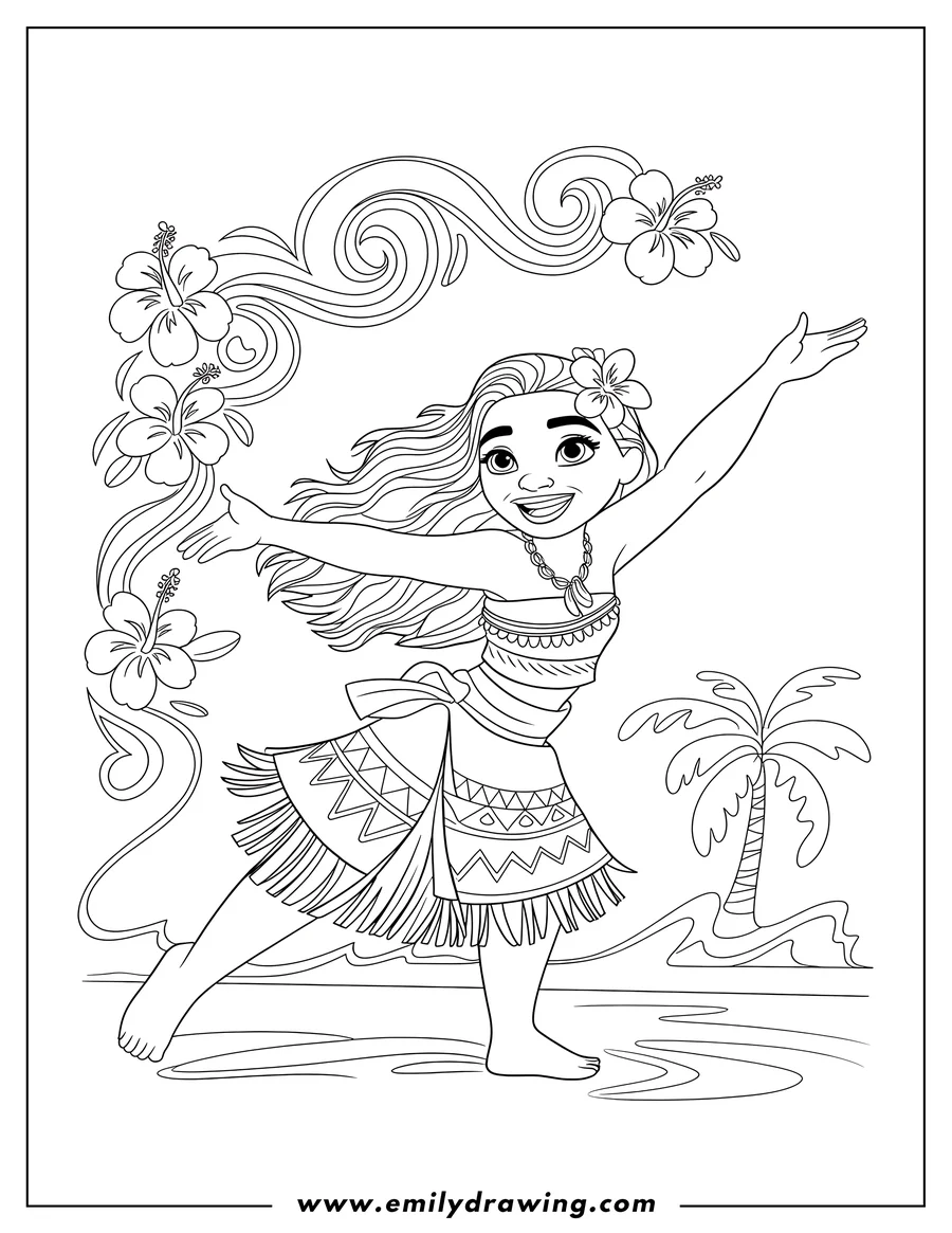 Line art of Moana standing on the shore with arms wide, framed by large tropical hibiscus flowers and swirling wave patterns. She is wearing her traditional island dress and necklace.