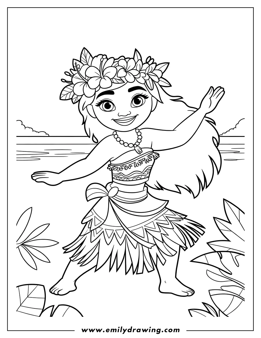 Outline of the Disney character Moana smiling and posing with arms outstretched, wearing a grass skirt and a tropical flower wreath on her head. The background shows the ocean and large jungle leaves.