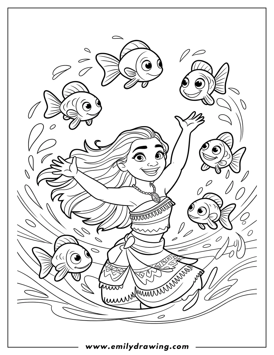 Outline of the character Moana standing in splashing water with her arms raised, surrounded by five small, smiling fish jumping from the water.