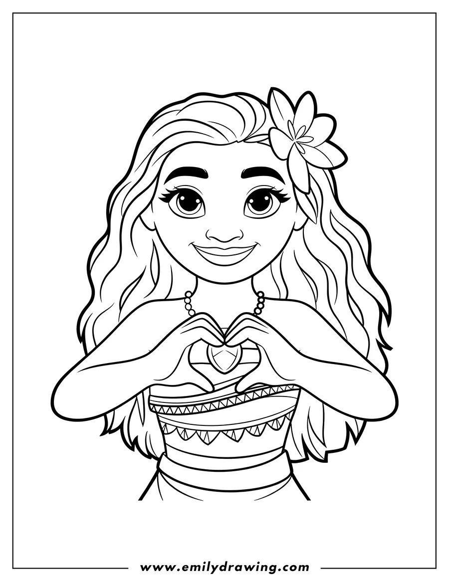 Line art of the Disney character Moana smiling, wearing her traditional outfit and a flower in her hair, while forming a heart shape over her necklace with her hands.