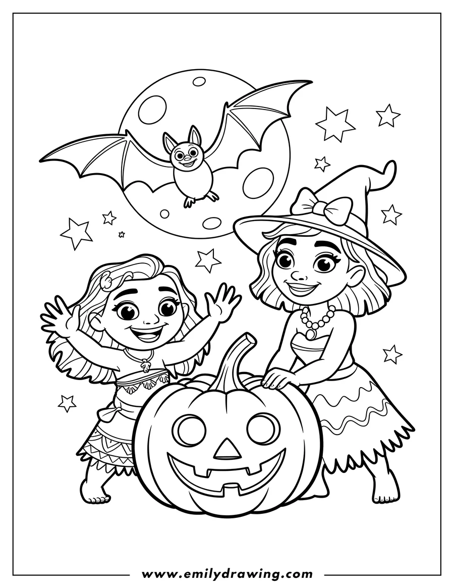 Outline of Moana and a friend dressed in Halloween costumes standing happily next to a large carved jack-o'-lantern, with a smiling bat flying in front of a full moon.