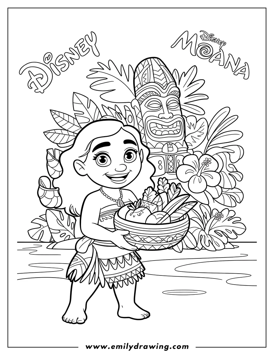 Outline of the Disney character Moana, standing and smiling while holding a woven basket overflowing with produce. Behind her is a large Tiki mask, surrounded by tropical leaves and hibiscus flowers.