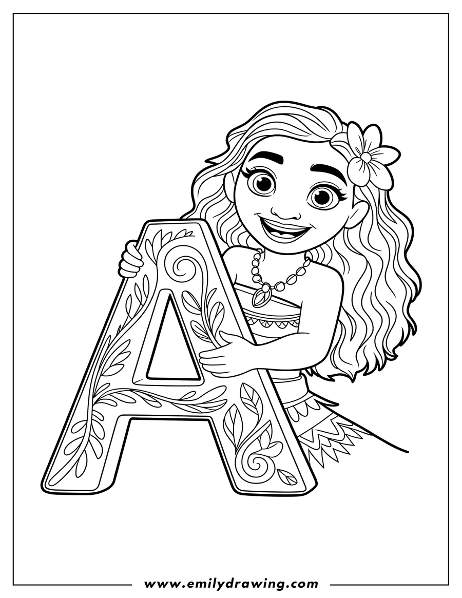 Outline of Moana smiling and holding a large, decorative uppercase letter A adorned with vines and foliage.