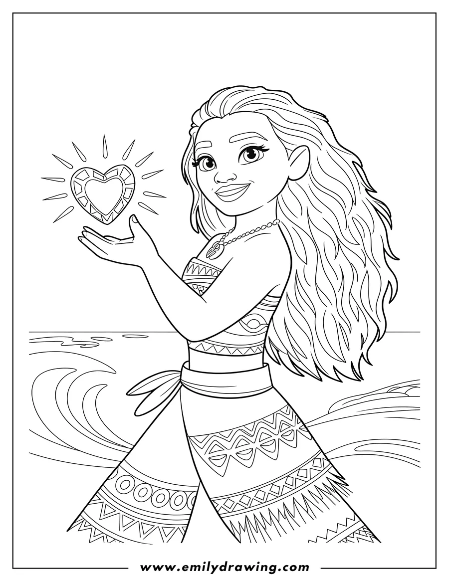 Outline of the character Moana standing by the ocean, holding up a sparkling, heart-shaped jewel (the Heart of Te Fiti). She is smiling and wearing her traditional patterned top and fringed skirt.