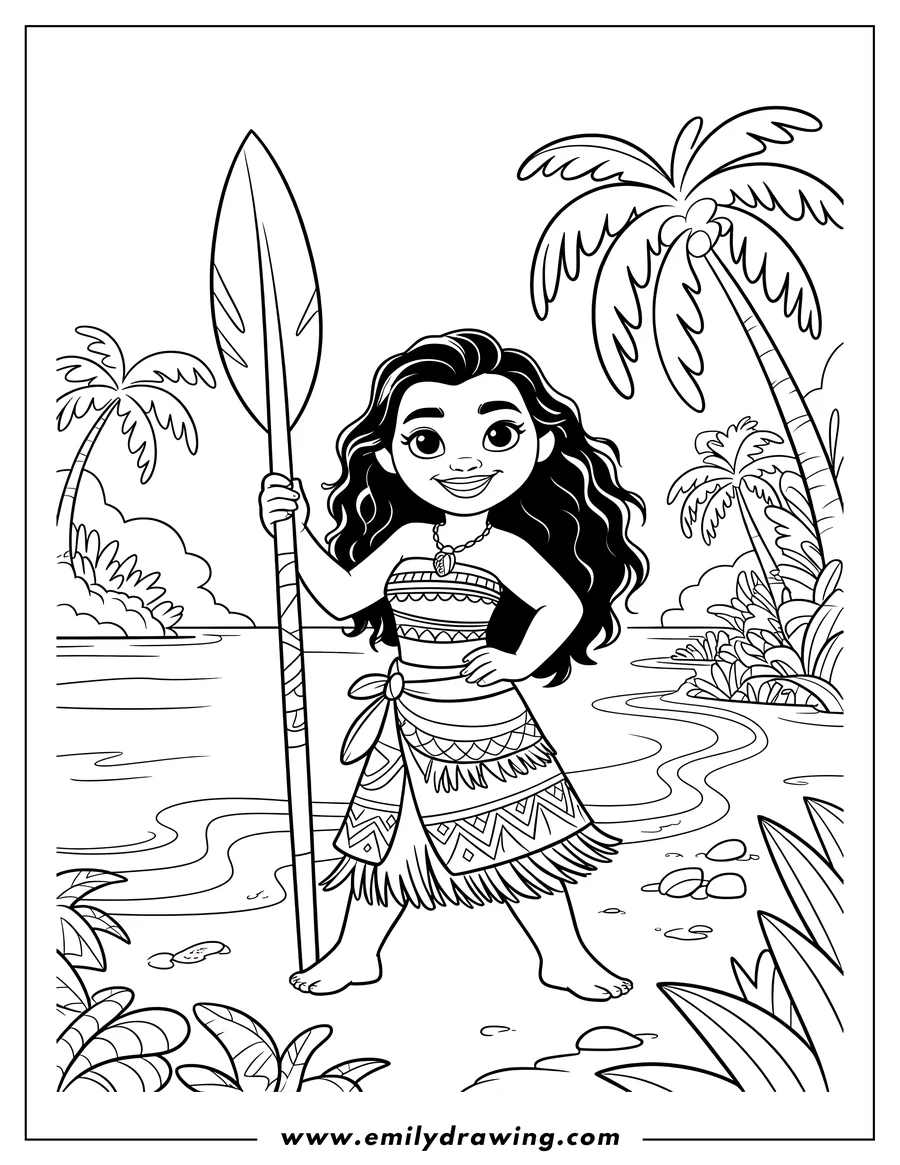 Outline of Moana, the Disney princess, standing barefoot on a tropical shore holding an oar. Palm trees and jungle foliage frame the background near the water.