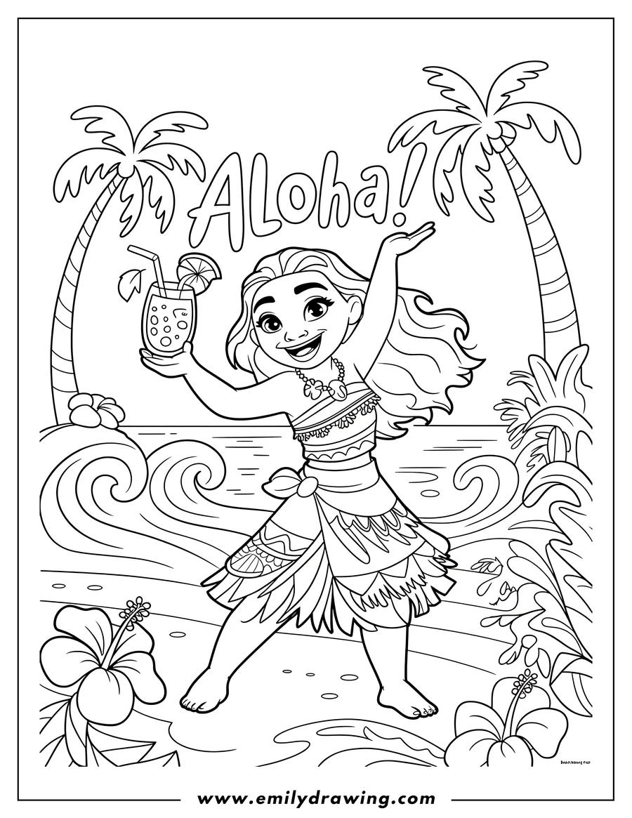 Line art of Disney character Moana standing on the beach, holding up a tropical drink, framed by two tall palm trees and large ocean waves. The word 