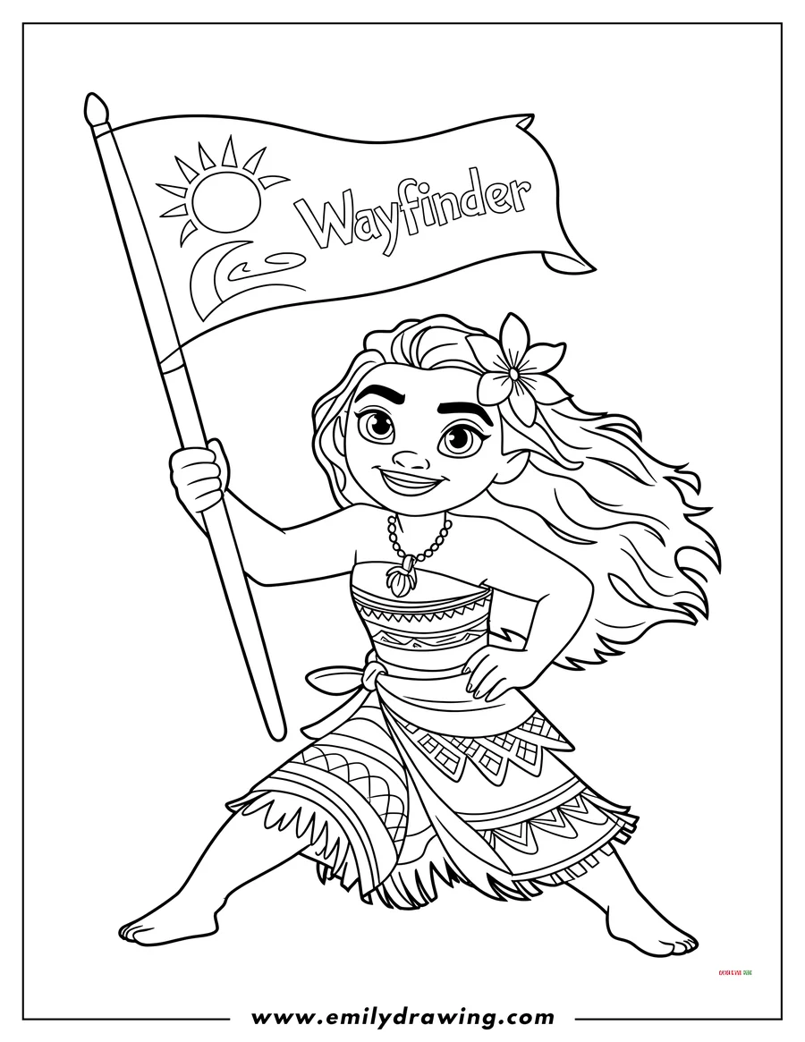 Line art of Moana, the Disney character, standing proudly while holding a large flag labeled 'Wayfinder' featuring a sun and ocean wave design.