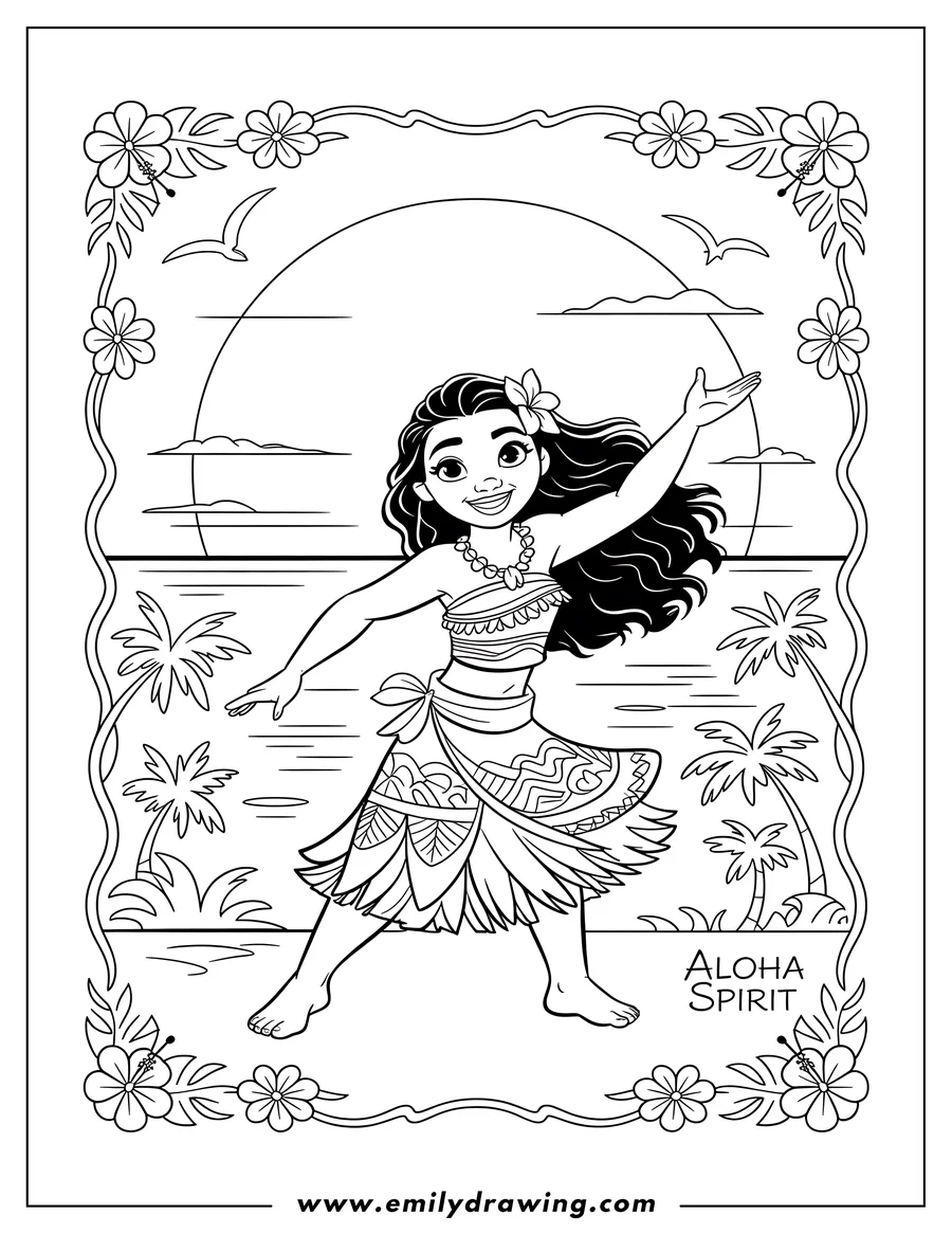 Outline of the Disney character Moana performing a hula dance on a tropical shoreline. She is wearing traditional island attire, framed by palm trees, a large sun, and a decorative border of hibiscus flowers.