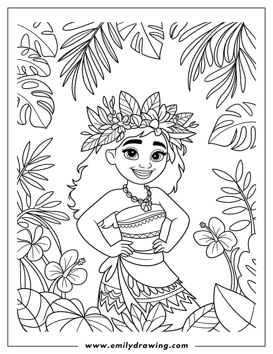 Outline of Moana wearing a flower crown and traditional wrap skirt, standing confidently with hands on hips, framed by large tropical leaves and hibiscus flowers.