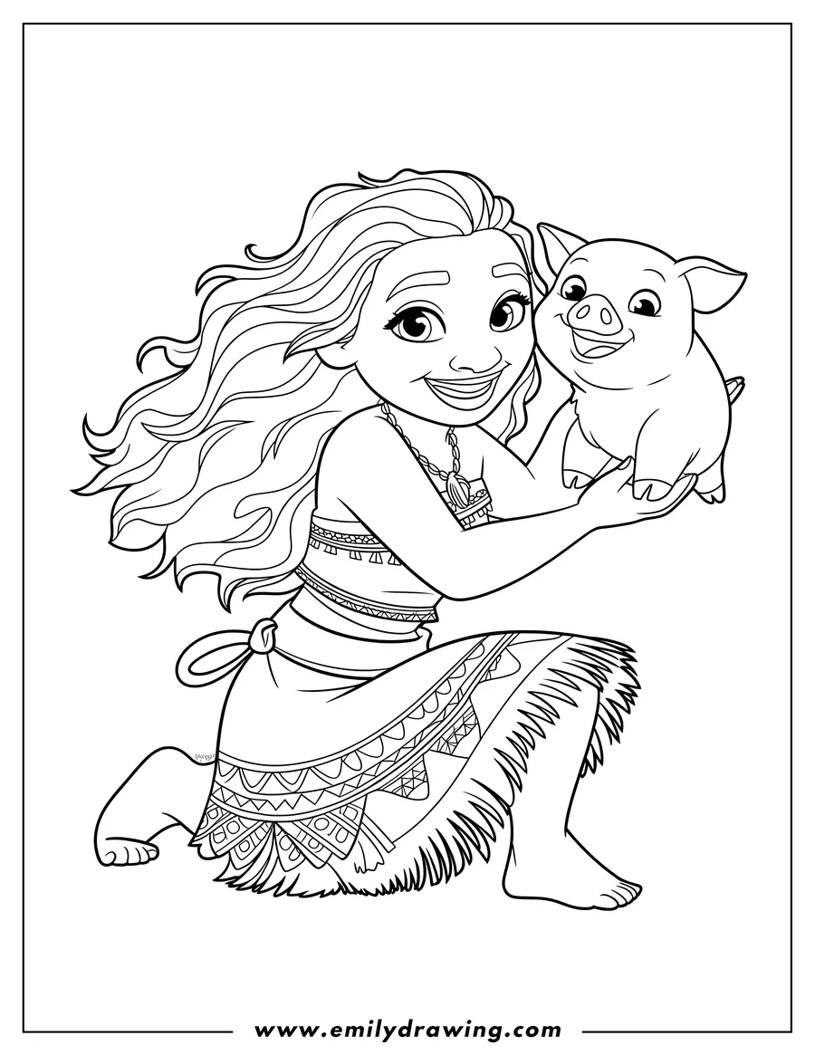 Outline of the character Moana kneeling and smiling while holding Pua the pig. Line art featuring Moana in her traditional patterned outfit and long wavy hair.