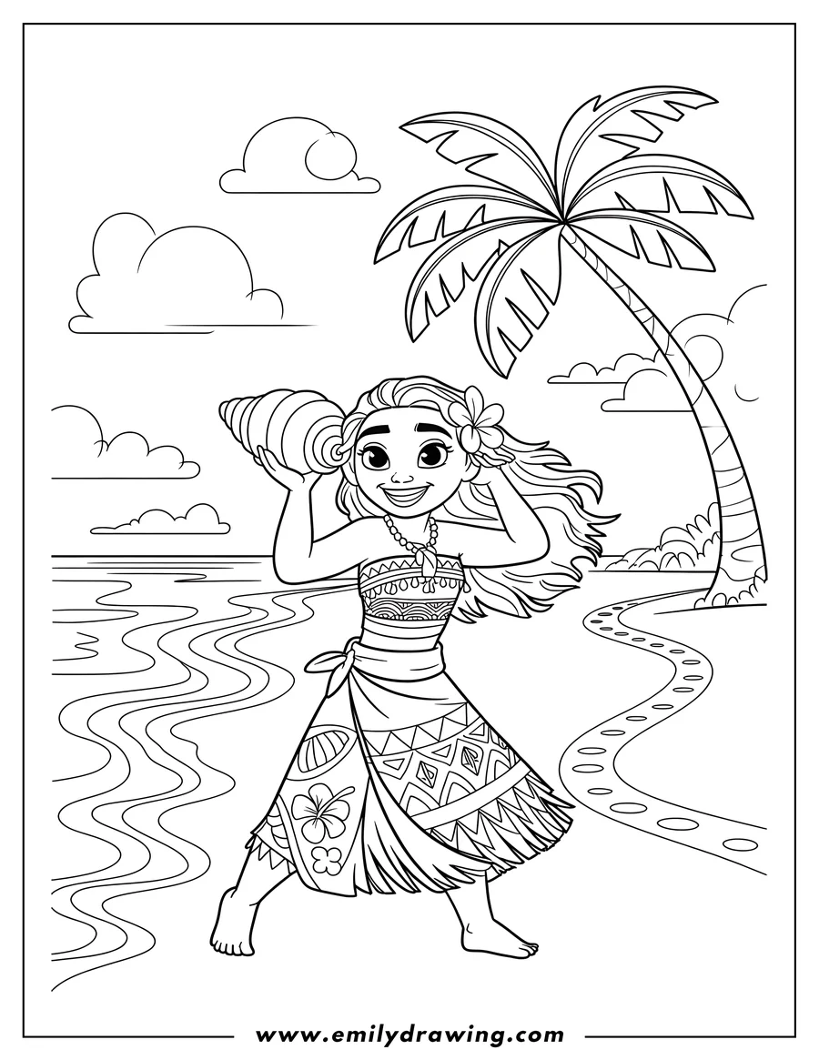 Line art of Moana standing barefoot on a tropical beach, holding a large conch shell to her ear. A tall palm tree and the ocean are visible in the background.
