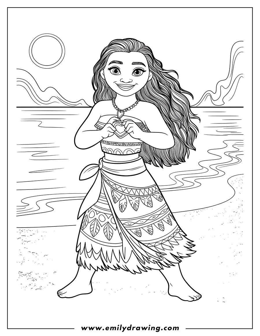 Outline of Moana standing barefoot on the sand by the water, forming a heart shape with her hands over her necklace. The background features the ocean and a large sun.