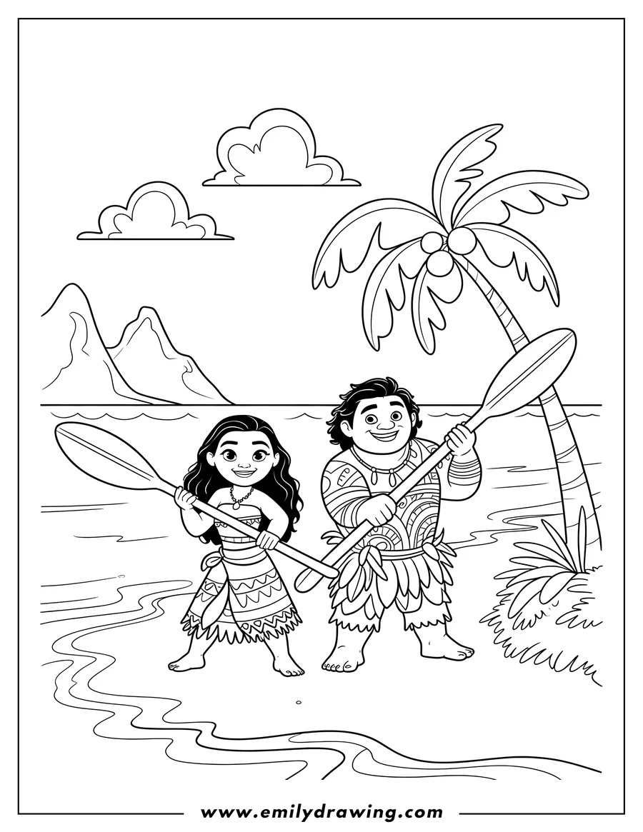Line art featuring Moana and Maui standing on a tropical shoreline, both holding large paddles. A coconut palm tree is next to Maui, and mountains rise across the water in the background.