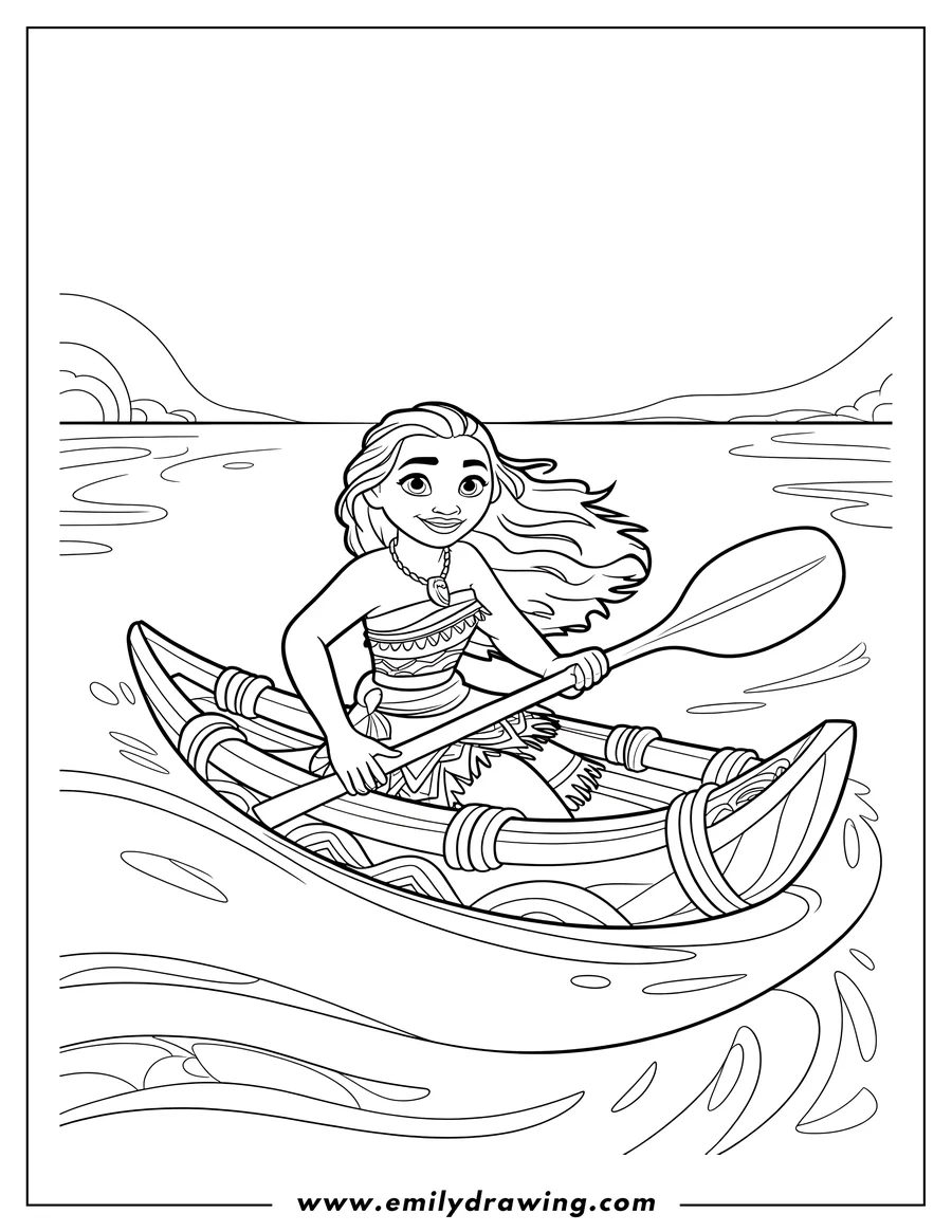 Line art outline of the character Moana smiling brightly while paddling a traditional canoe on the water. She is wearing her tribal outfit and holding a paddle, with distant mountains visible in the background.