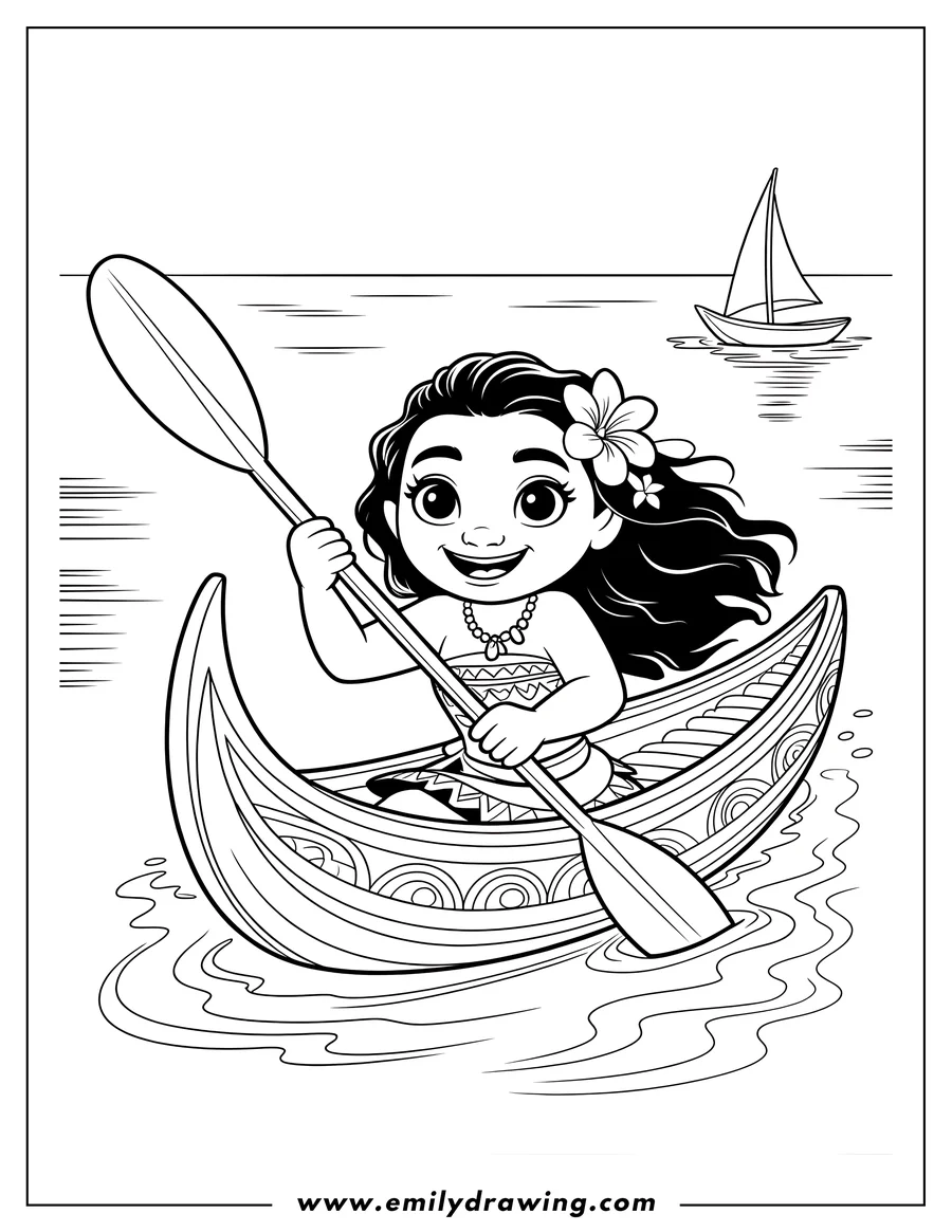 Outline of the character Moana in a chibi style, happily paddling an intricately decorated canoe on the water, with a small sailboat visible in the distance.