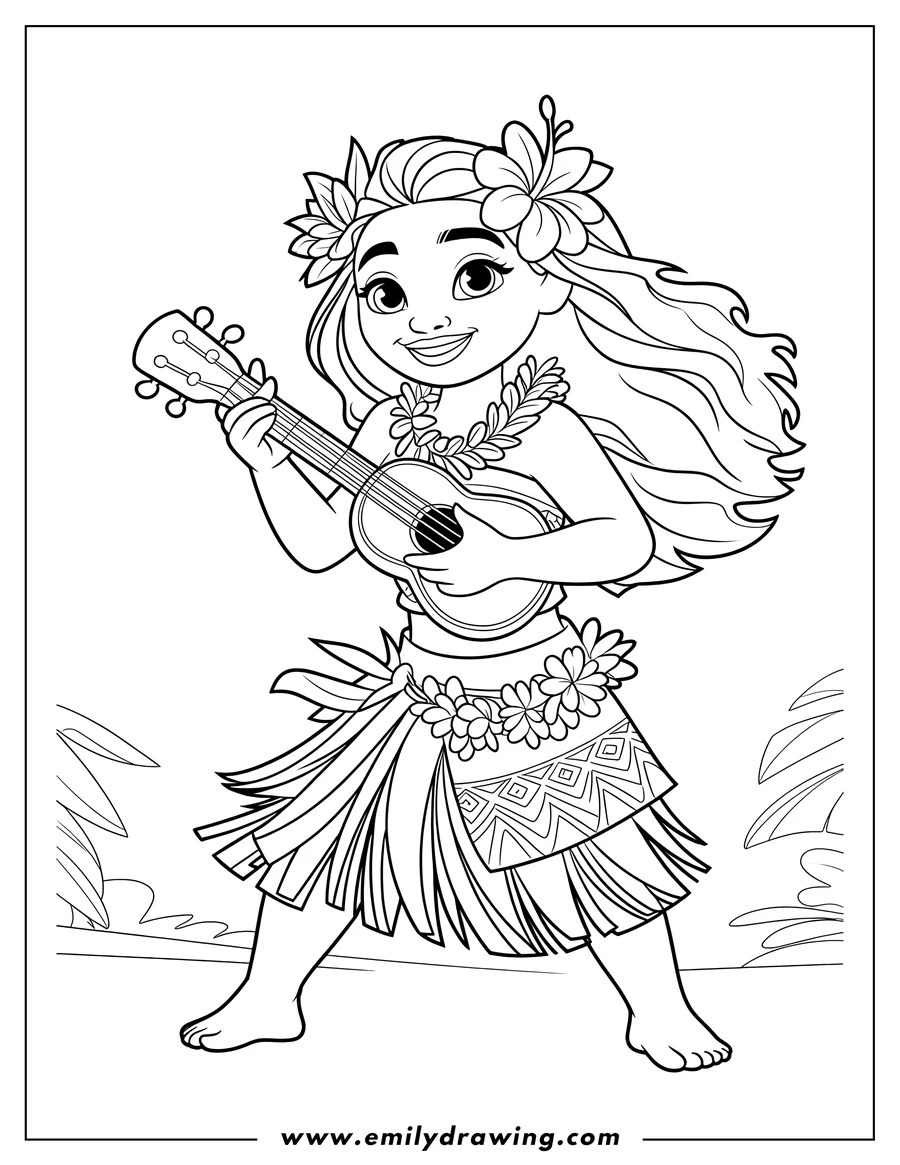Line art of Moana, the Disney princess, standing barefoot and playing a ukulele. She is wearing a traditional flower lei and a grass skirt with tropical plants visible in the background.