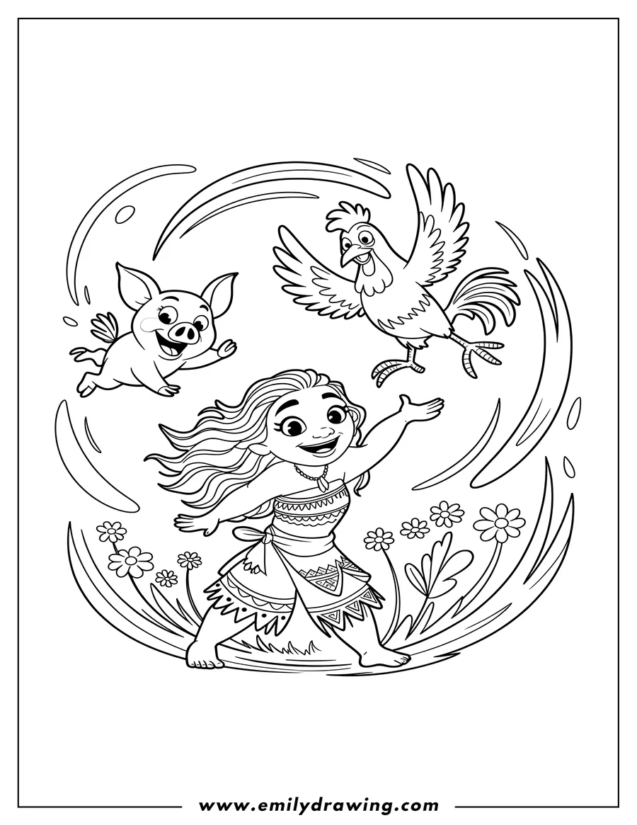 Line art of Moana smiling and dancing with her animal companions, Pua the pig and Heihei the rooster, leaping above her head in a field of tall grass and flowers.