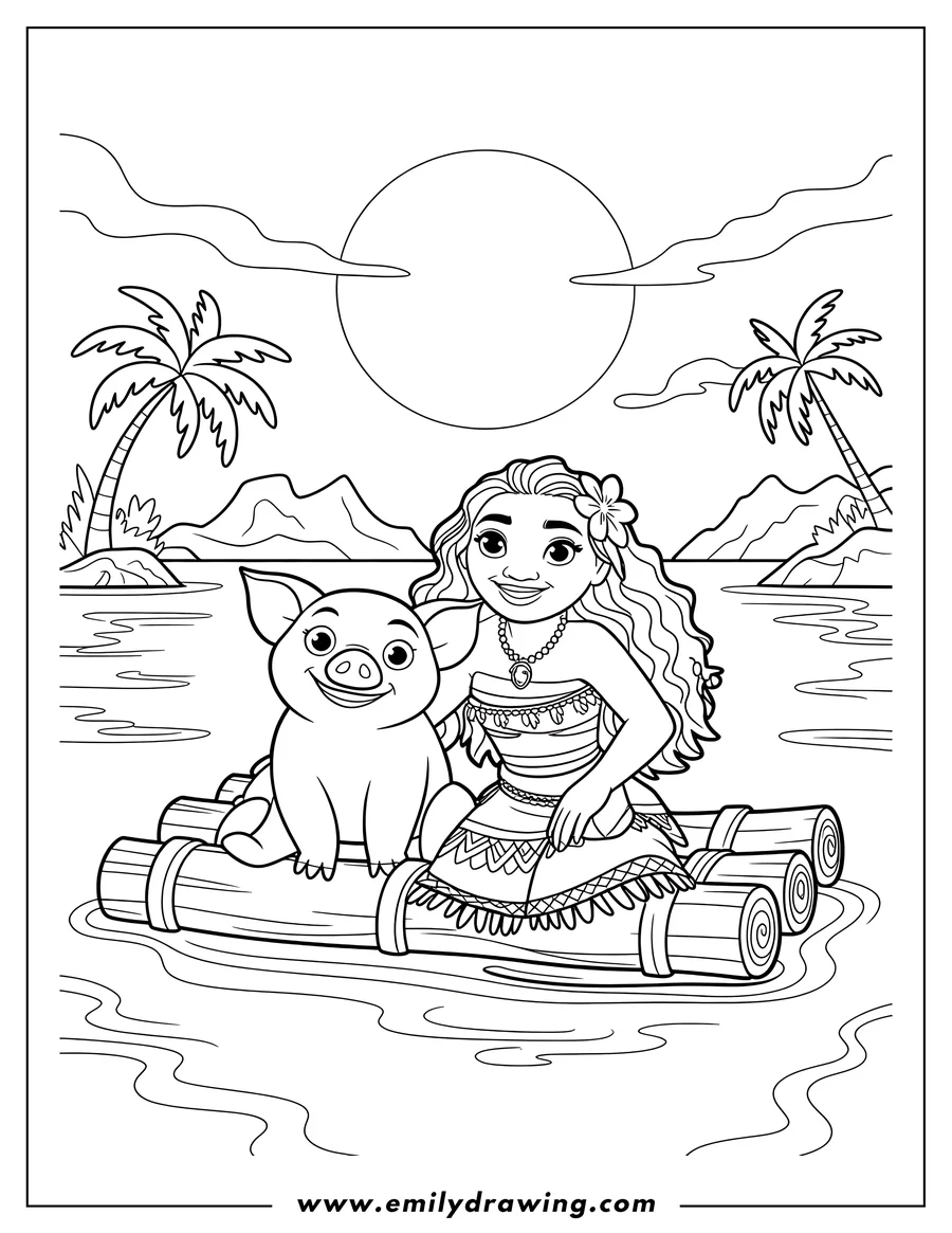 Outline of the Disney character Moana sitting on a wooden log raft with her pet pig, Pua. They are floating on the water in a tropical setting with palm trees and islands visible in the background.