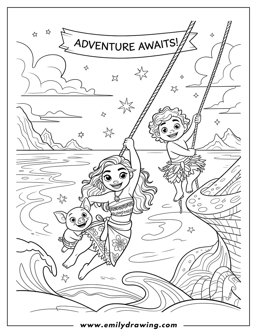Line art outline of Moana holding Pua the pig while swinging from a rope over ocean waves. A smaller child is also swinging nearby. The background features cliffs and a banner reading 