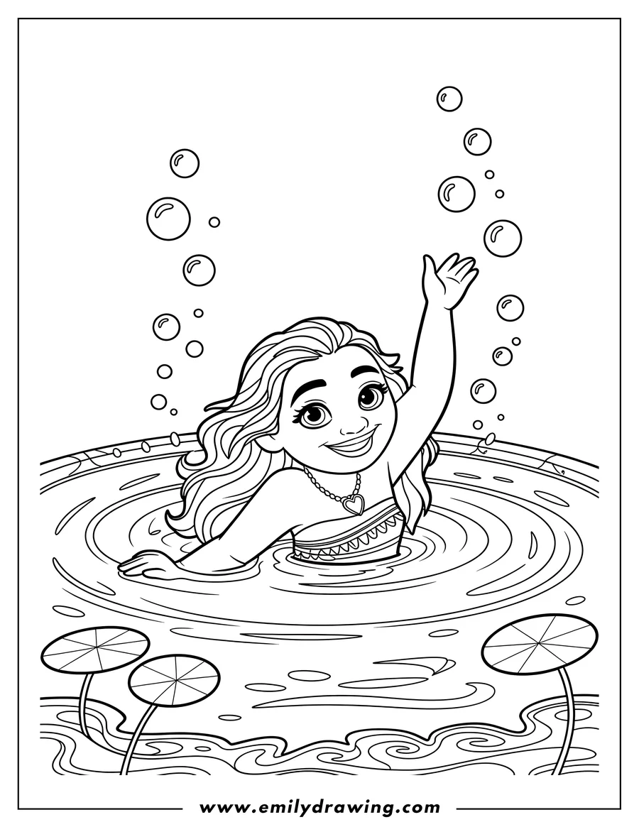 Outline of Moana smiling and raising her arm while swimming in water, surrounded by bubbles. The scene includes lily pads at the surface.