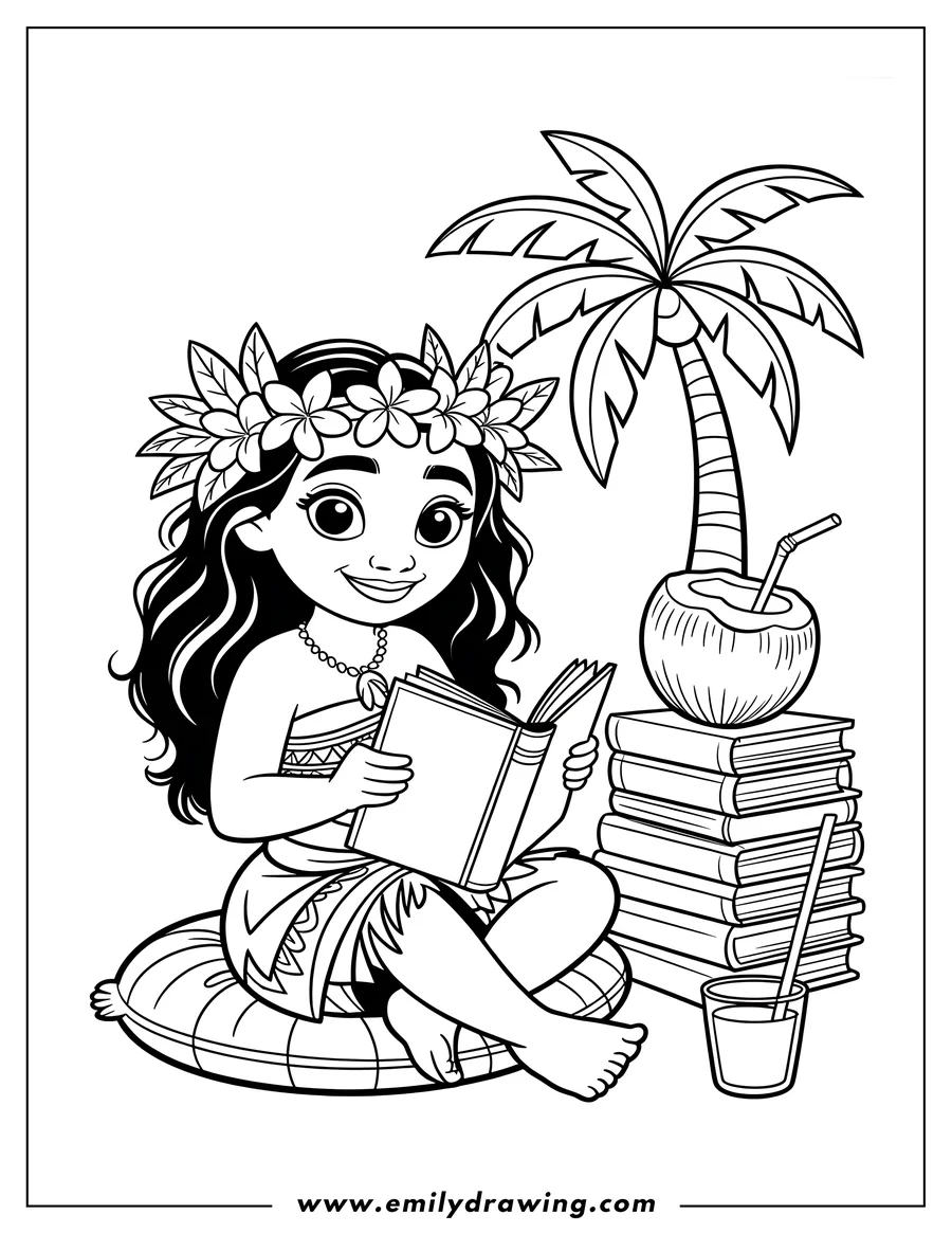 Outline of Moana sitting on a cushion, reading a book. She is wearing a flower lei and relaxing near a tall palm tree, a stack of books, and a coconut drink.