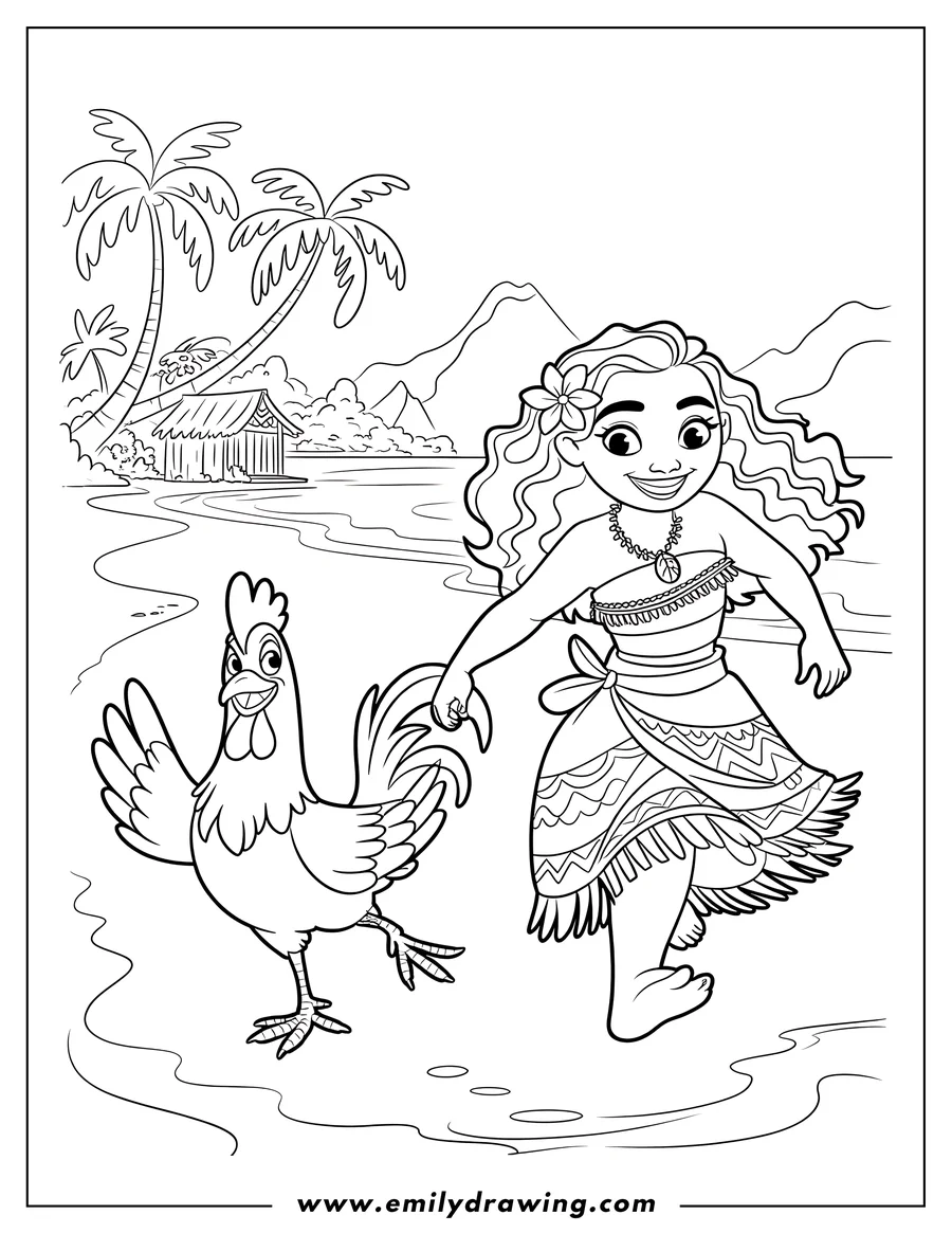 Line art featuring Moana running barefoot on a sandy shore next to the rooster Heihei. The tropical background includes palm trees, a small hut, and mountains.