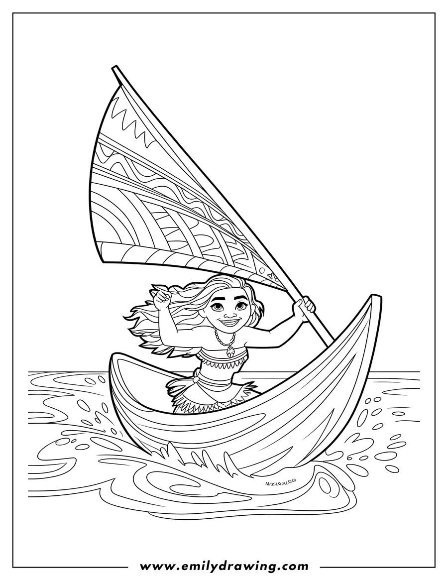 Line art of the Disney character Moana sailing an outrigger canoe on ocean waves. She is holding the mast of a large, patterned sail and smiling.