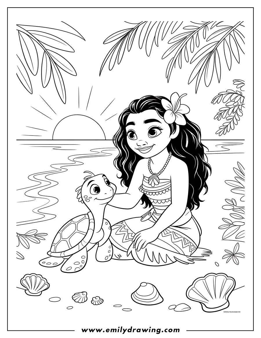 Outline of Moana sitting on the shore, gently petting a small sea turtle friend. The tropical scene includes a sunset over the water, palm leaves, and large seashells scattered on the sand.