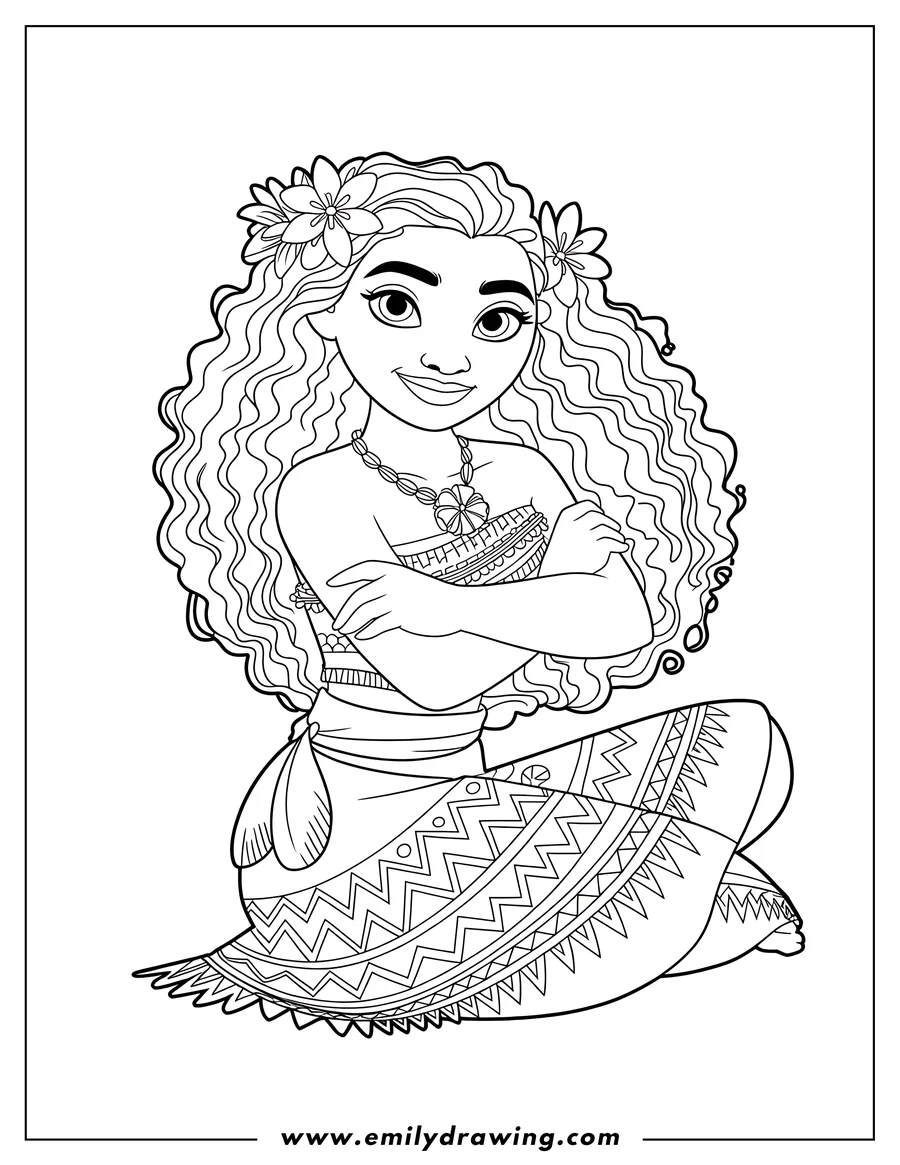 Line art of the Disney character Moana sitting down with her arms crossed. She is wearing her traditional patterned skirt, flower headband, and the Heart of Te Fiti necklace.