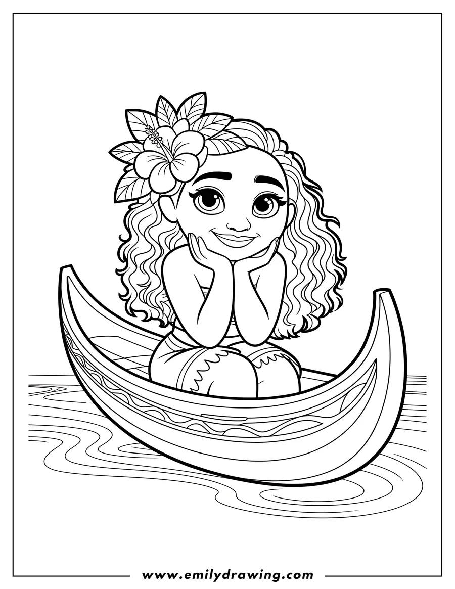 Line art of Moana sitting peacefully in a small decorated canoe on the water, resting her chin in her hands and smiling. She wears a tropical flower in her wavy hair.