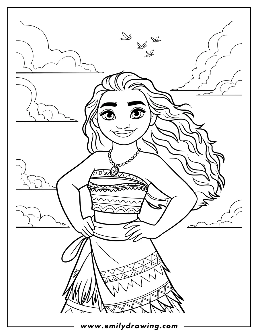 Line art outline of the Disney character Moana standing confidently outdoors beneath large, stylized clouds, wearing her traditional patterned top and wrap skirt.