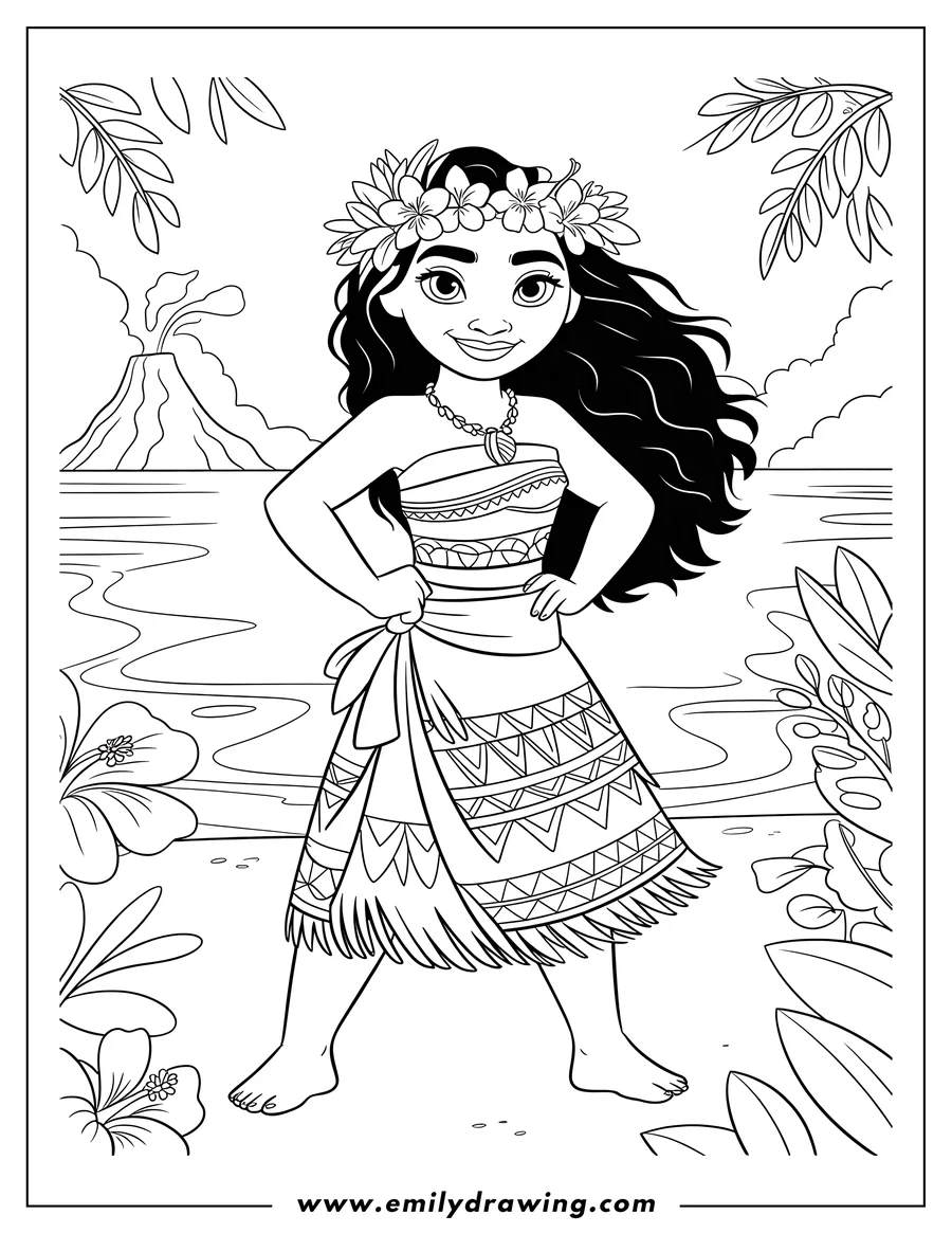 Outline of Moana standing on the tropical shoreline with her hands on her hips, wearing a traditional island dress, flower crown, and shell necklace. An erupting volcano is visible across the water in the background.