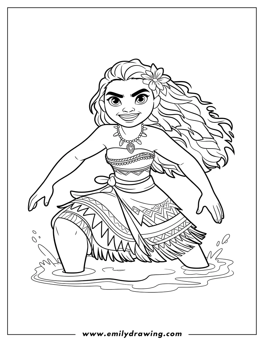 Outline of the Disney character Moana standing confidently in shallow water, splashing slightly. She is wearing her traditional tribal outfit and the Heart of Te Fiti necklace.