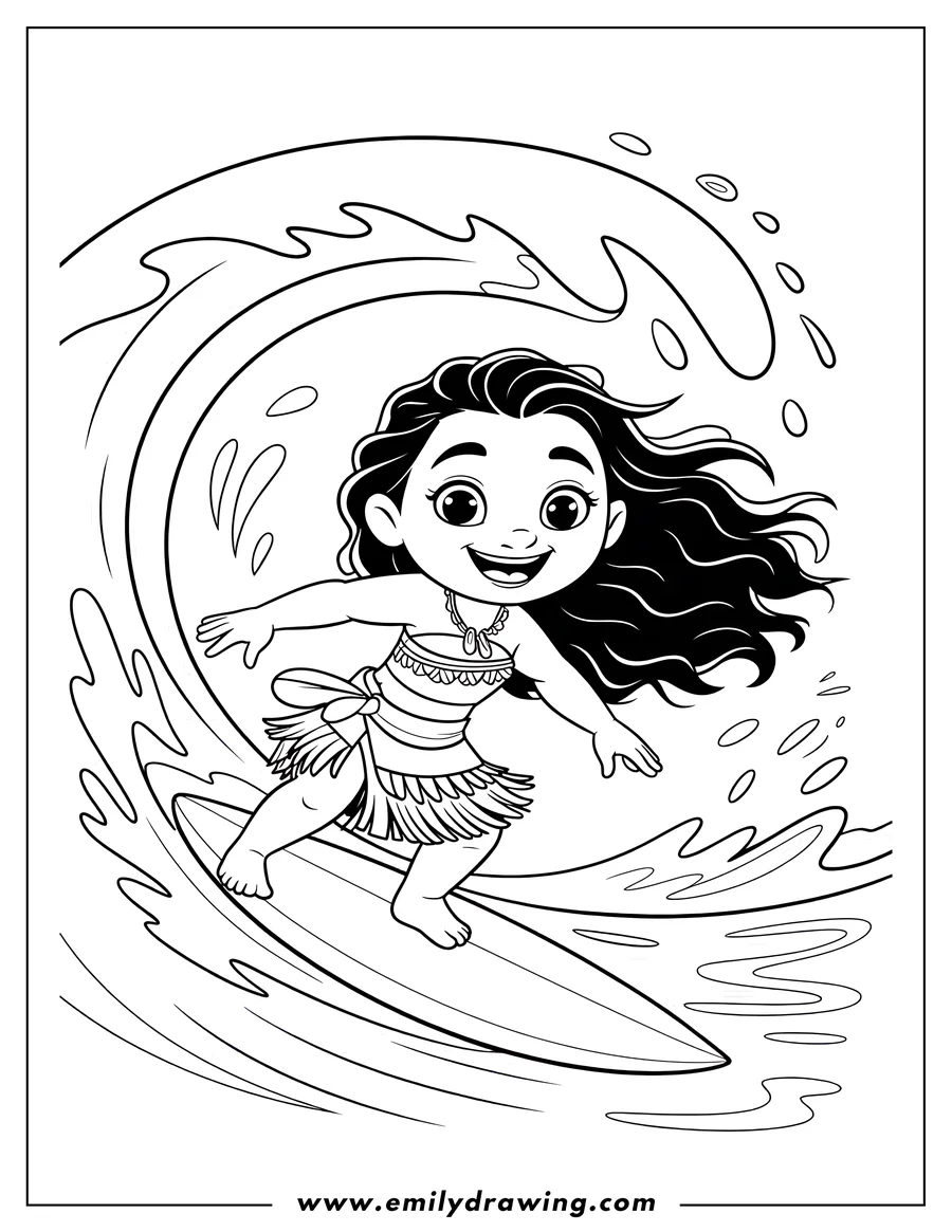 Outline of the character Moana standing on a surfboard and surfing a tall, breaking ocean wave.