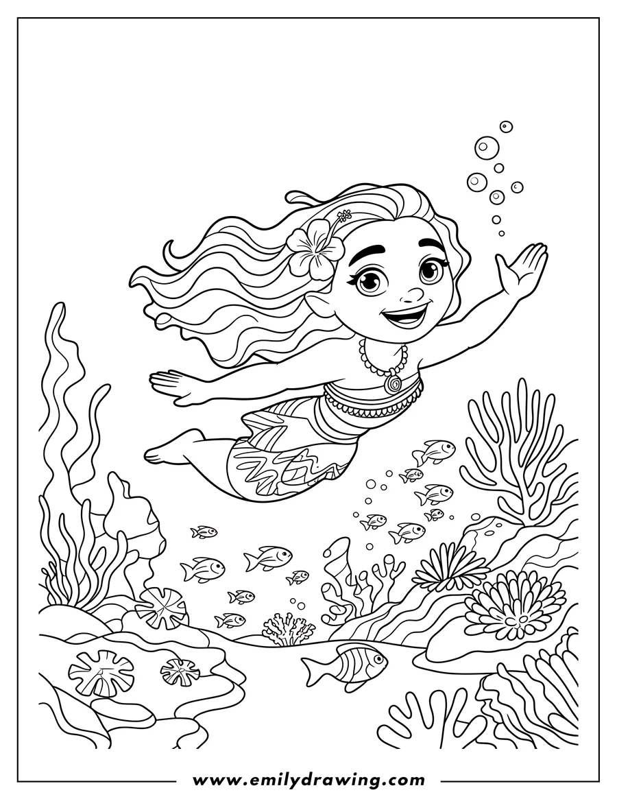 Outline of the character Moana happily swimming underwater, surrounded by detailed coral, seaweed, and small tropical fish.