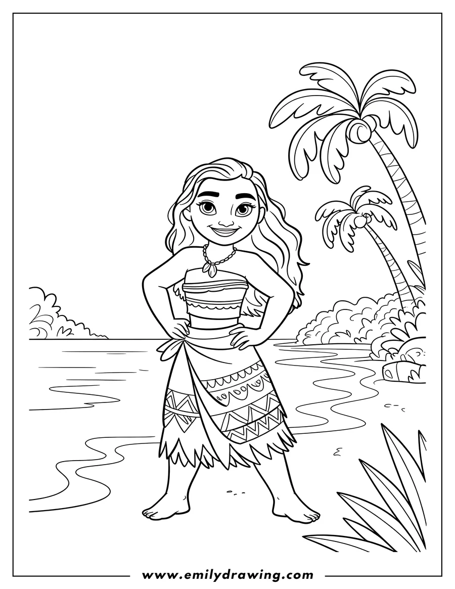 Line art of the Disney character Moana standing confidently on a sandy tropical beach, with two tall palm trees and foliage in the background.