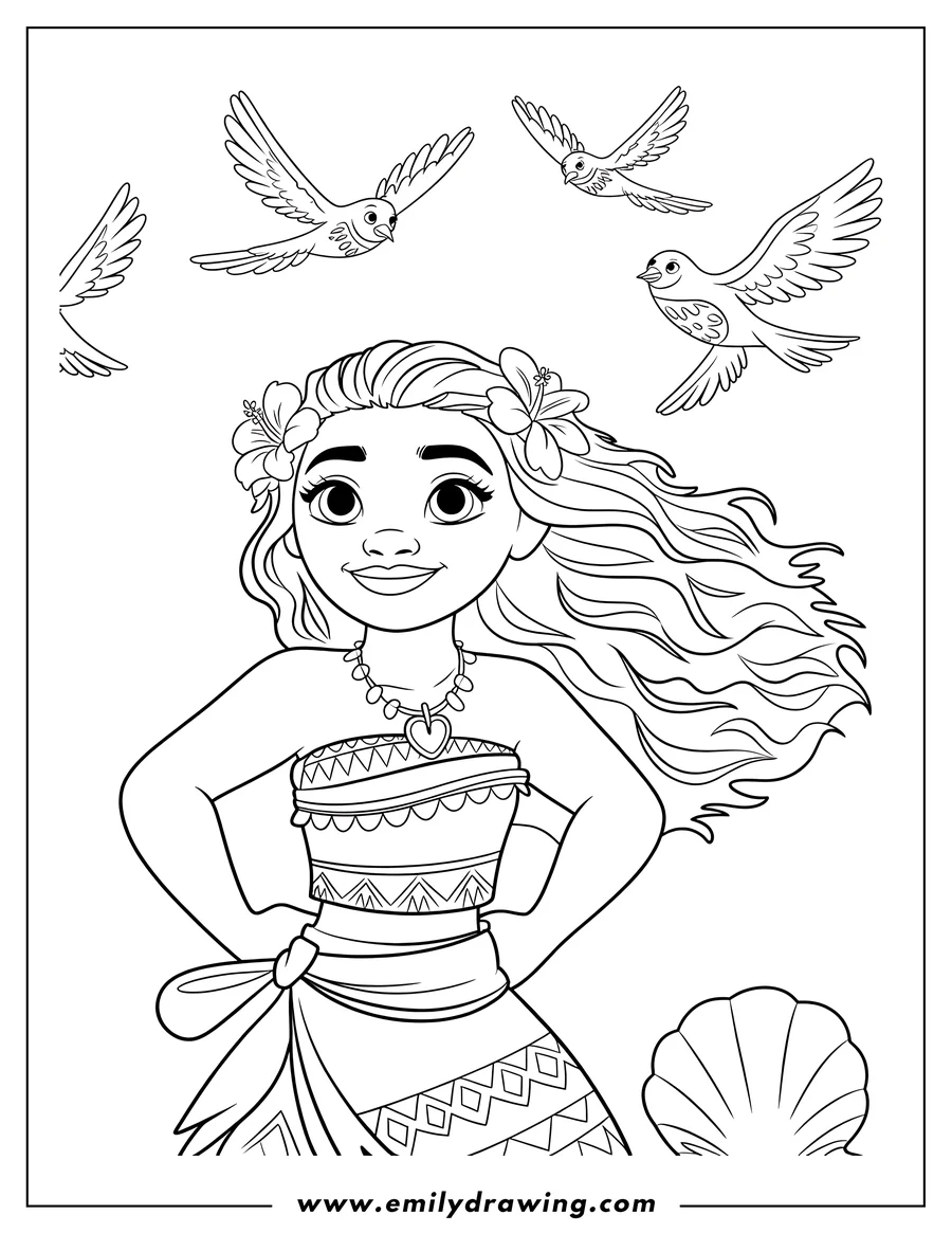 Line art of the Disney character Moana standing confidently with flowers in her hair, surrounded by three flying tropical birds and a large seashell outline.