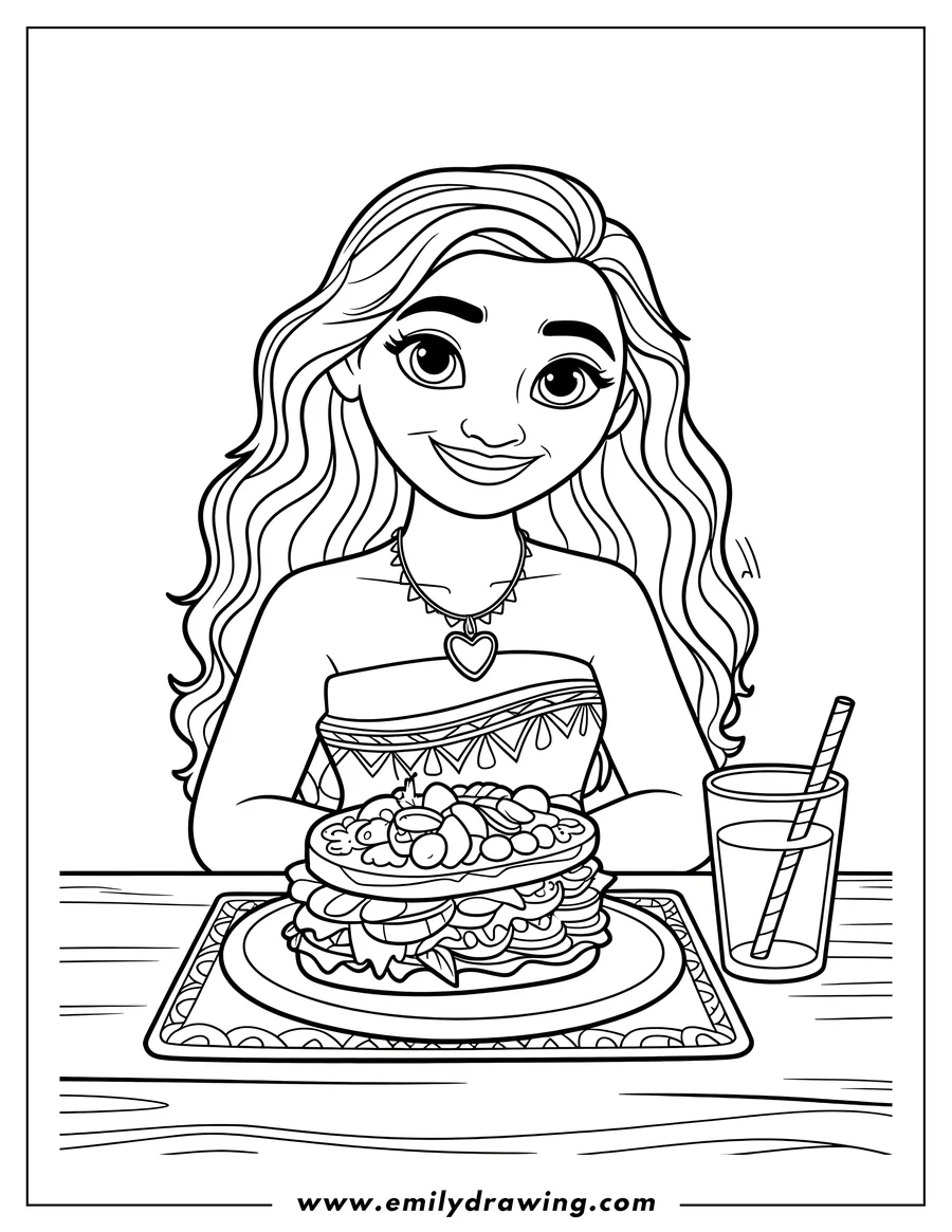 Outline of the Disney character Moana sitting at a wooden table, smiling behind a huge stacked meal on a platter and a glass with a straw.
