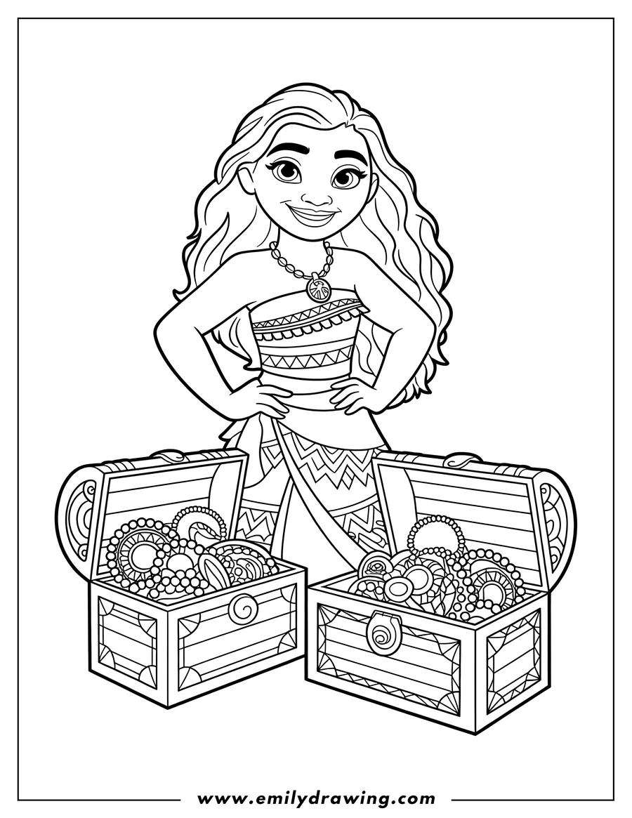 Outline of Moana standing confidently with her hands on her hips, positioned between two large, open treasure chests brimming with jewelry and pearls.