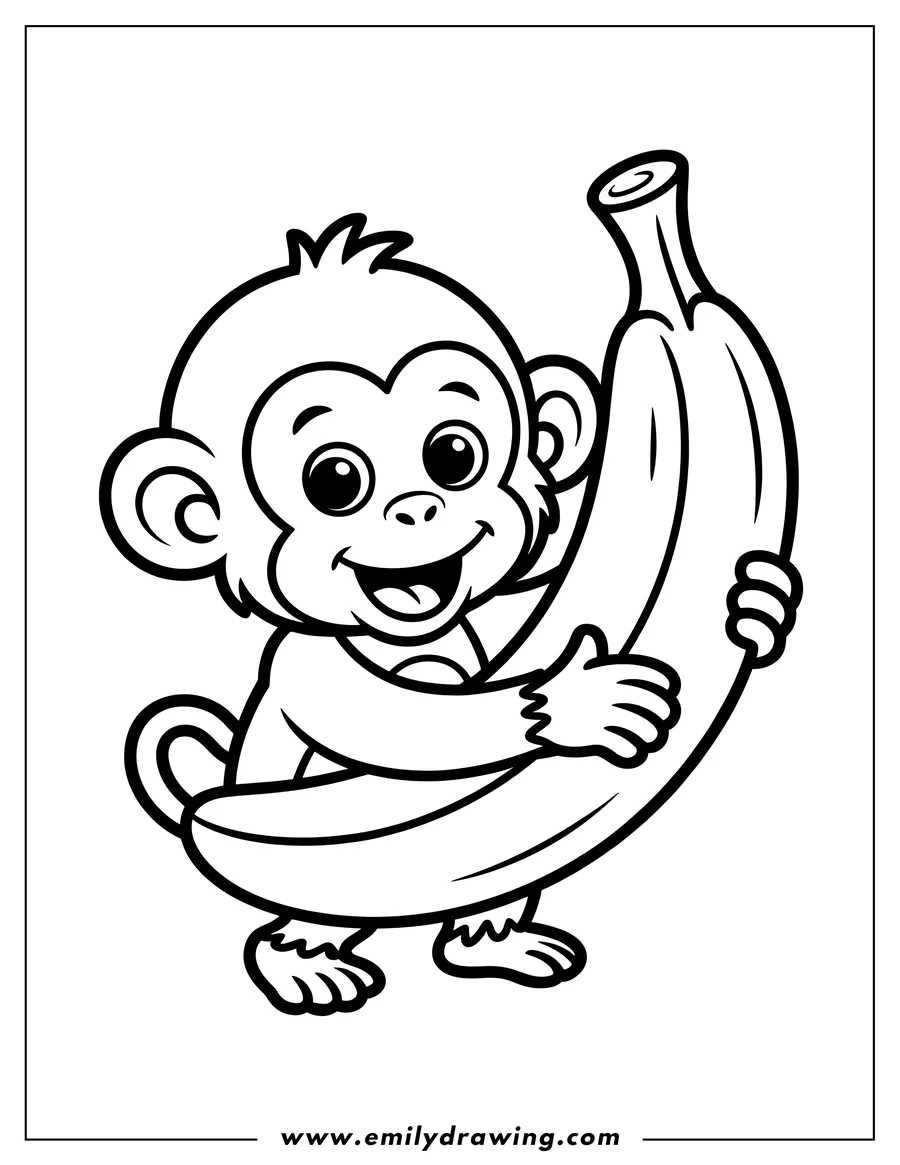 Line art of a cheerful monkey hugging a large banana.