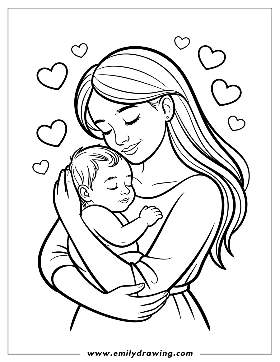 Outline of a mother holding her sleeping baby, surrounded by hearts.