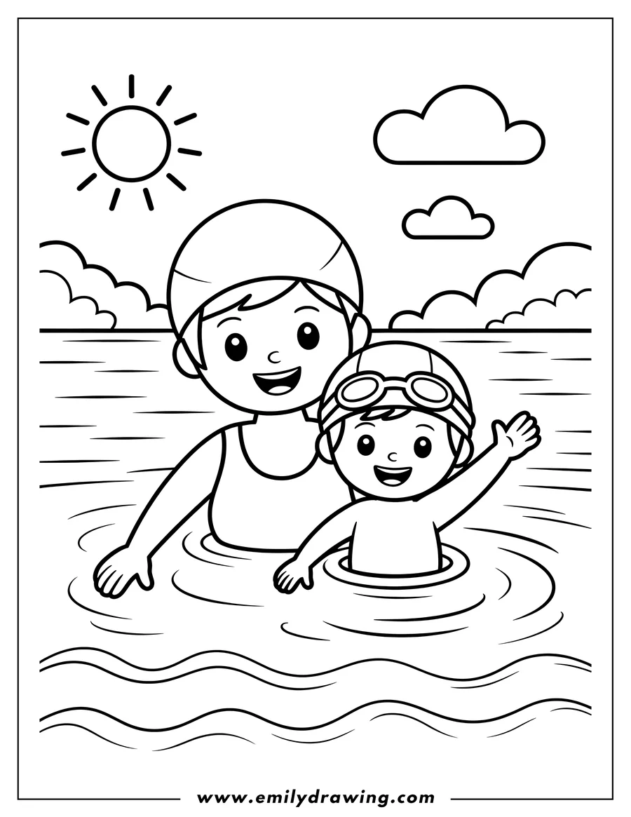 Line art of a mother and child swimming together, wearing swim caps, with the child waving. The sun and clouds are in the background.