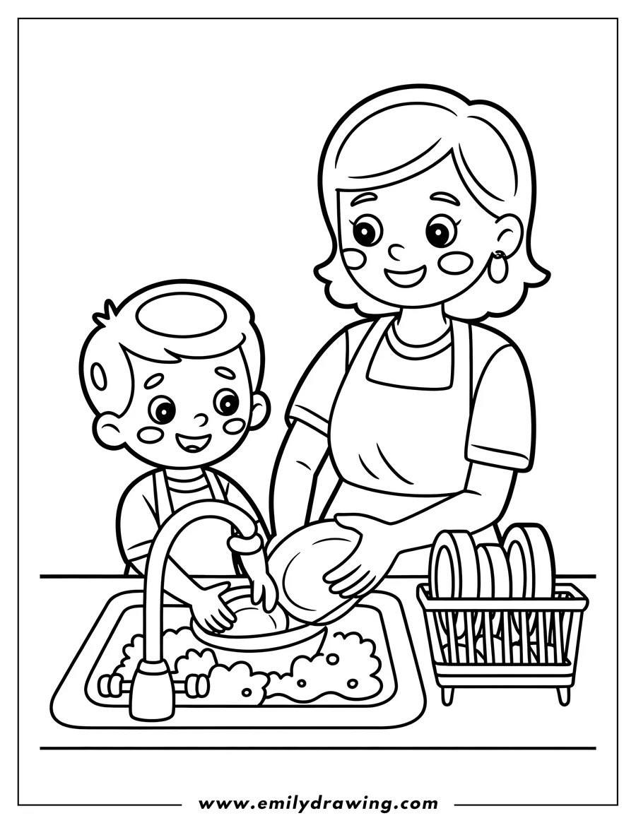 Line art of a mother and son washing dishes together in a bubbly kitchen sink, demonstrating household chores and family teamwork.